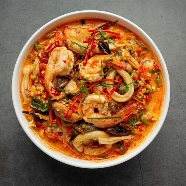 Spicy seafood curry with shrimp, squid, mussels, and red chilies in a white bowl.